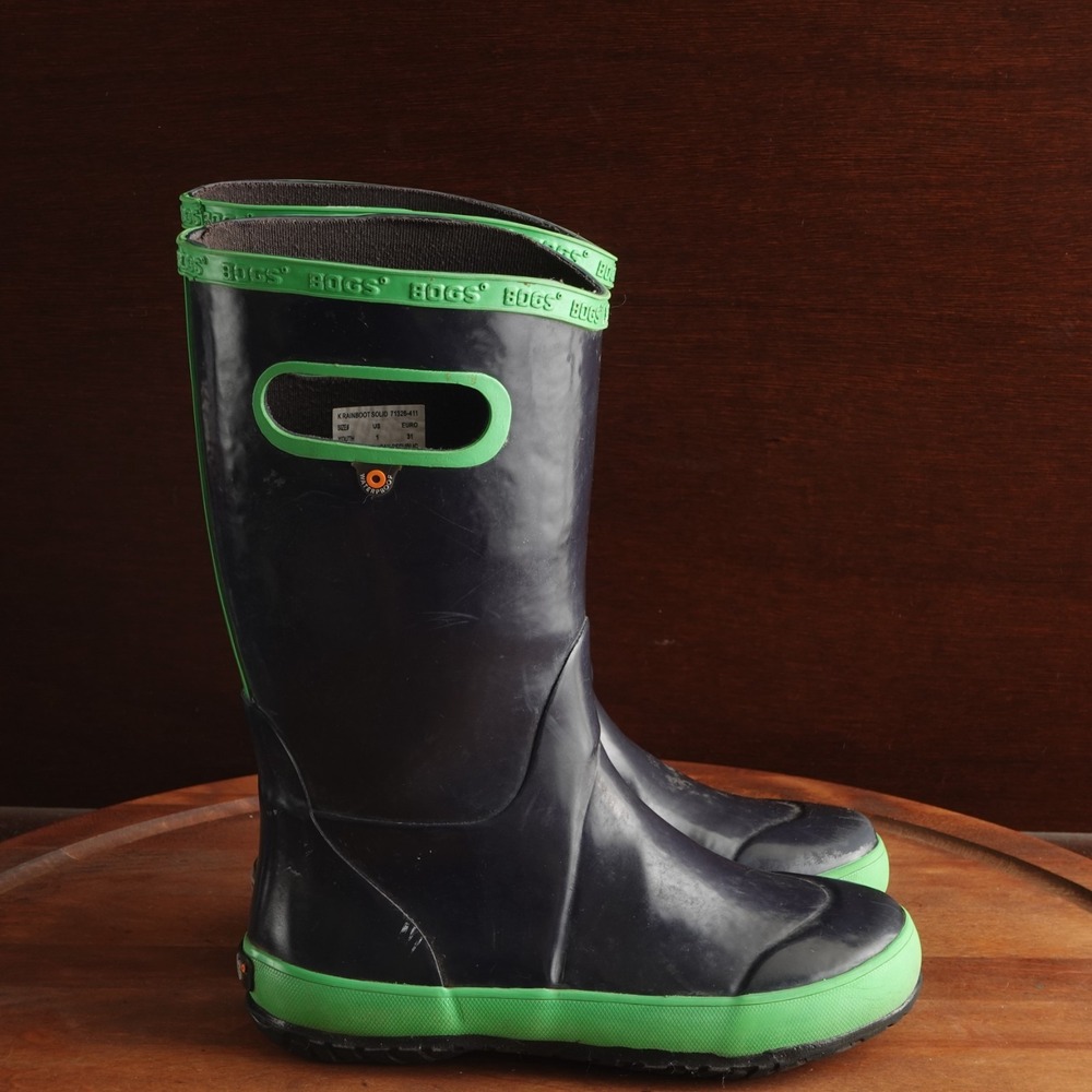 Bogs Rain Boots Youth SZ 1 Blue Green Waterproof Pull On Chore Outdoor Utility